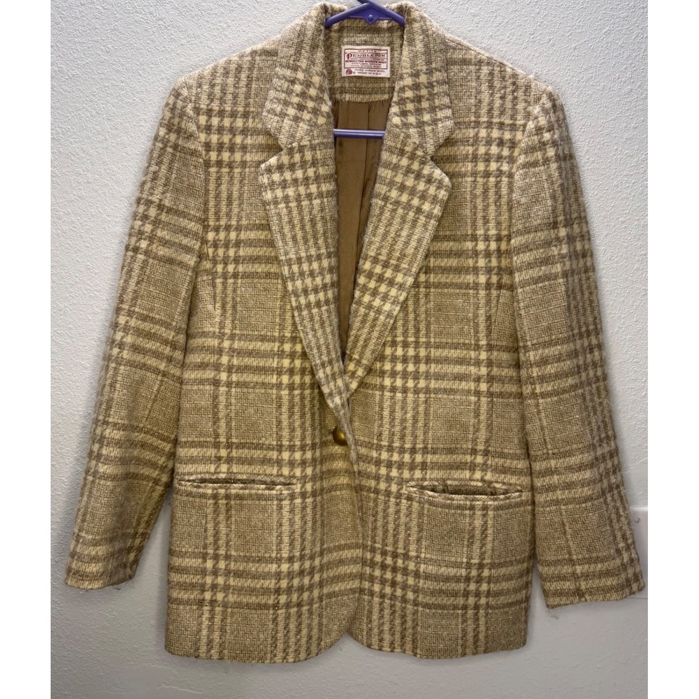 Pendleton Petite Vintage Wool Blazer Tan Plaid Metallic Gold Accent Size 6 USA